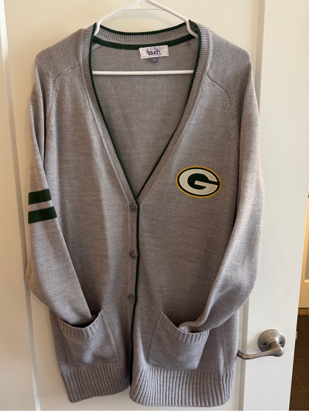 TACH Gray Cardigan Sweater with Green Trim and Team Patch